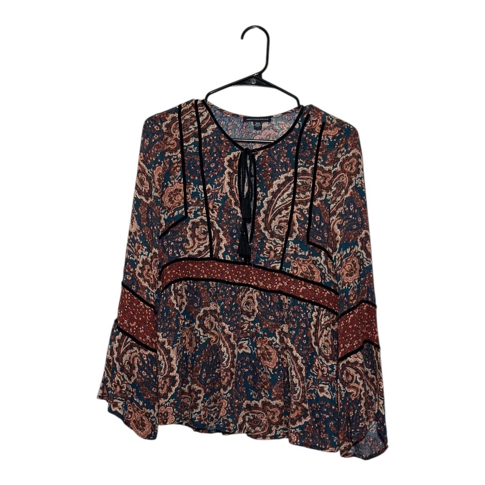 American Eagle Outfitters Paisley Print Bell Sleeve Tassel Tie Blouse Size‎ XS